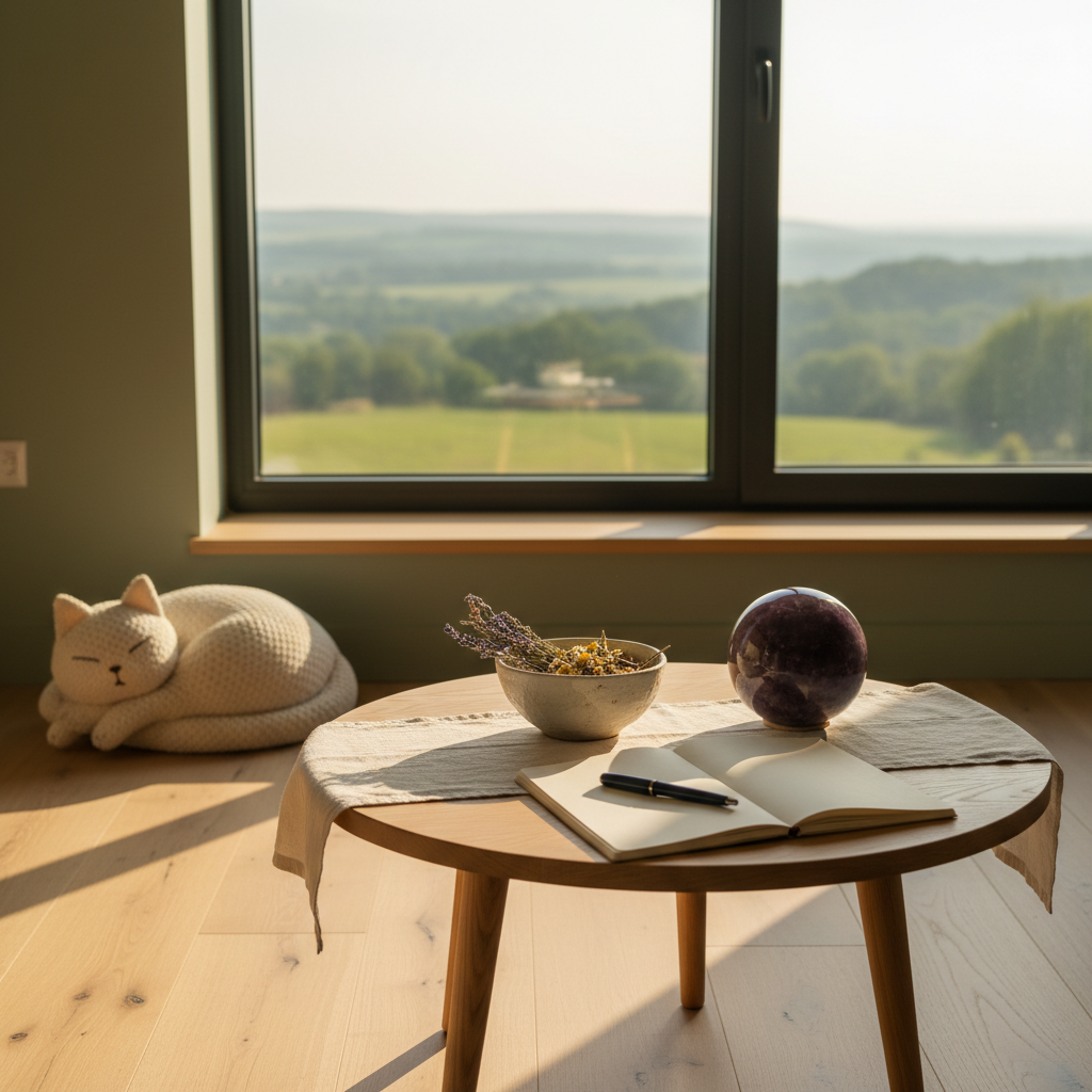 A calm, minimalist consultation space designed for emotional release, featuring a low, natural oak table holding a small ceramic bowl of dried medicinal herbs, an open notebook, and a polished amethyst sphere. Behind, a large window reveals soft-focus green hills under a hazy sky. Warm, late-afternoon sunlight streams in, casting elongated shadows and a gentle glow across the wooden surface and textured linen runner. A sleeping cat-shaped cushion rests in the corner, suggesting animal presence without showing any creatures. Photographic realism with a slightly elevated angle, balanced composition using the rule of thirds. The atmosphere feels safe, professional, and nurturing, ideal for intuitive guidance, hypnotherapy, and holistic counseling, blending modern clarity with subtle spiritual undertones.