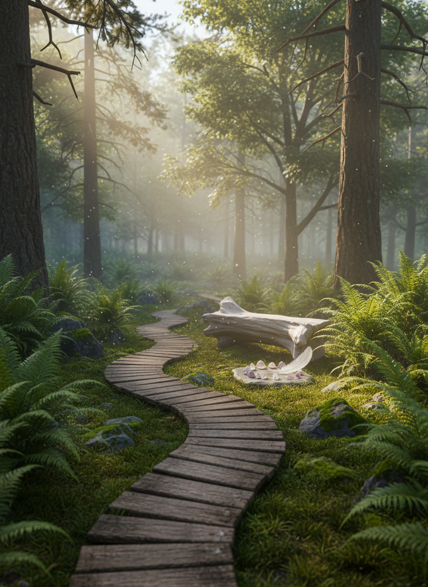 A serene forest clearing transformed into an open-air sanctuary, with a simple wooden path winding gently through moss-covered stones and tall ferns. In the center, a smooth, sun-bleached log forms a natural bench, beside a small circle of carefully placed crystals and a single white feather. Soft morning mist hangs low among the trunks of ancient pines, while diffused golden sunlight filters through the canopy, creating delicate beams that illuminate drifting particles. Photographic realism, shot at eye level with a shallow depth of field, keeping the path and ritual space in sharp focus while the surrounding forest melts into a gentle bokeh. The mood is peaceful and introspective, evoking a sense of personal inner journey and subtle connection to unseen energies.