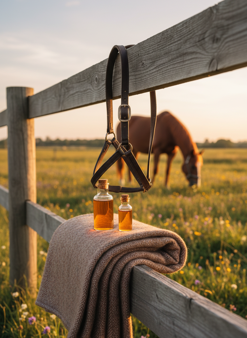 A tranquil paddock at golden hour, focusing on a simple wooden fence rail where a neatly folded, earth-toned wool blanket rests beside a small glass bottle filled with amber-colored herbal tincture. A well-worn leather halter hangs nearby, its edges softened with age. In the blurred background, a single horse grazes peacefully in a wide, open meadow, bathed in warm sunlight and soft-focus wildflowers. The sky glows in pastel oranges and pinks, casting a comforting radiance over the scene. Photographic realism from a slightly low, side angle, with shallow depth of field emphasizing the fence and healing objects. The mood is gentle, nurturing, and respectful of the horse’s space, suggesting sensitive communication, emotional release, and physical comfort for equine companions.